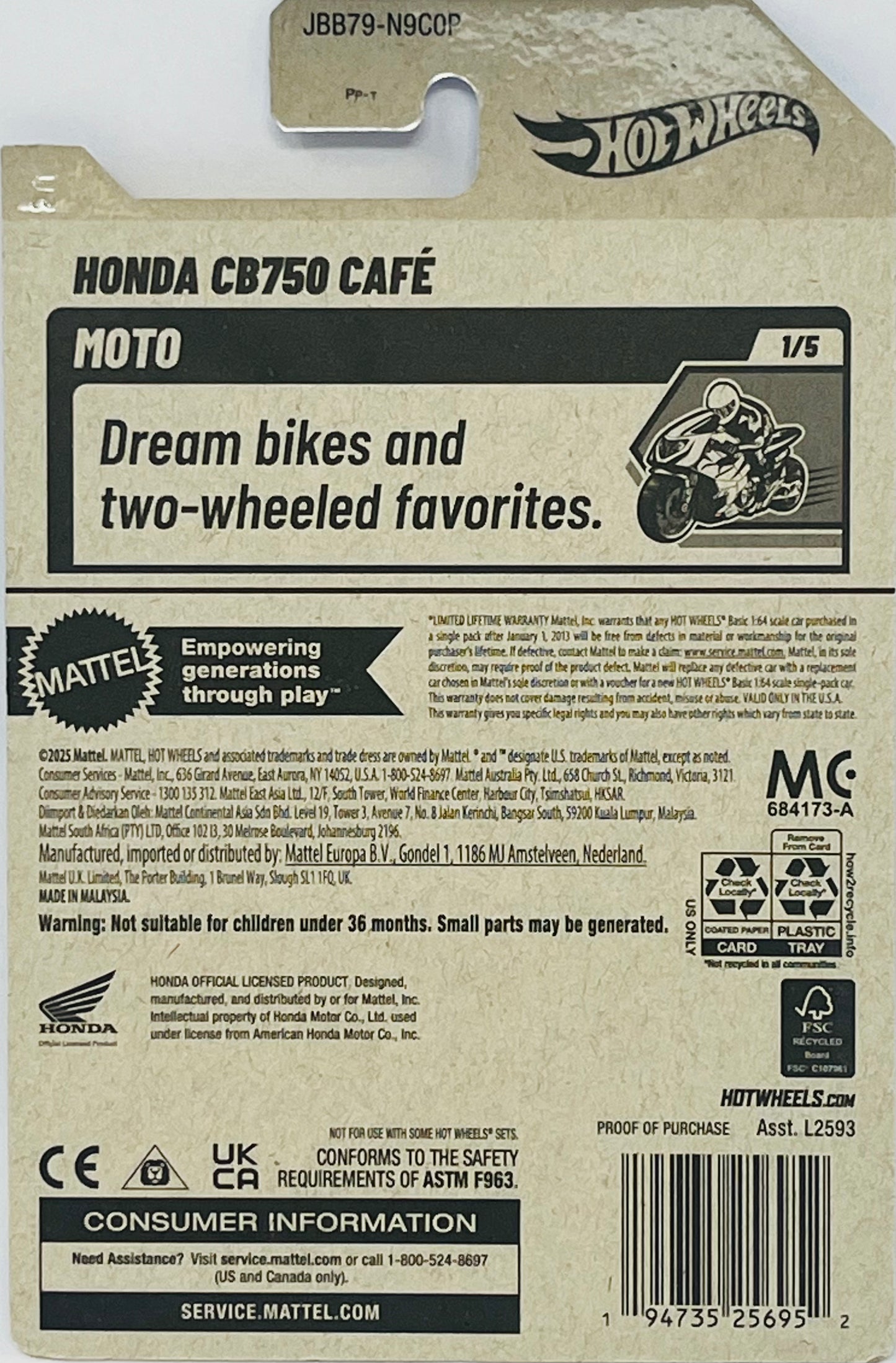 Hot Wheels Honda CB750 Cafe Blue w/ Black Seat 150/250 MOTO 1/5