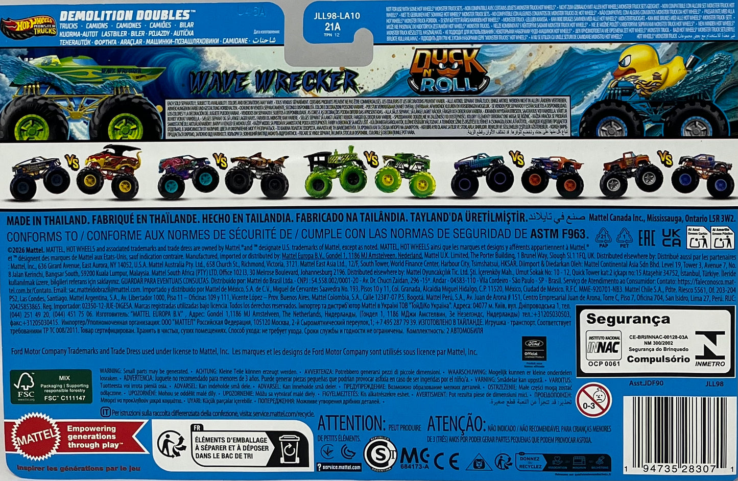 Hot Wheels Monster Trucks Wave Wrecker & Duck N’ Roll Demolition Doubles