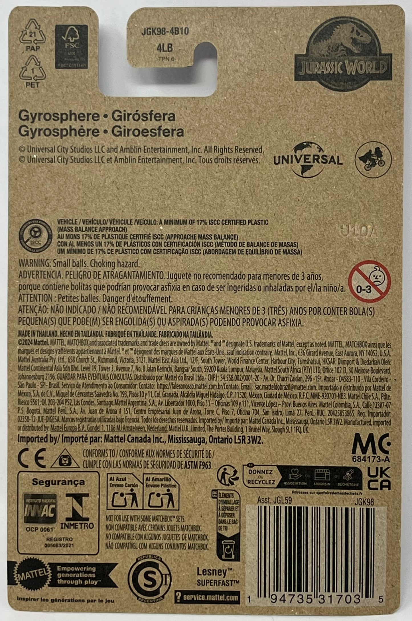 MATCHBOX JURASSIC WORLD REBIRTH GYROSPHERE 3+ Years 1:64 Scale