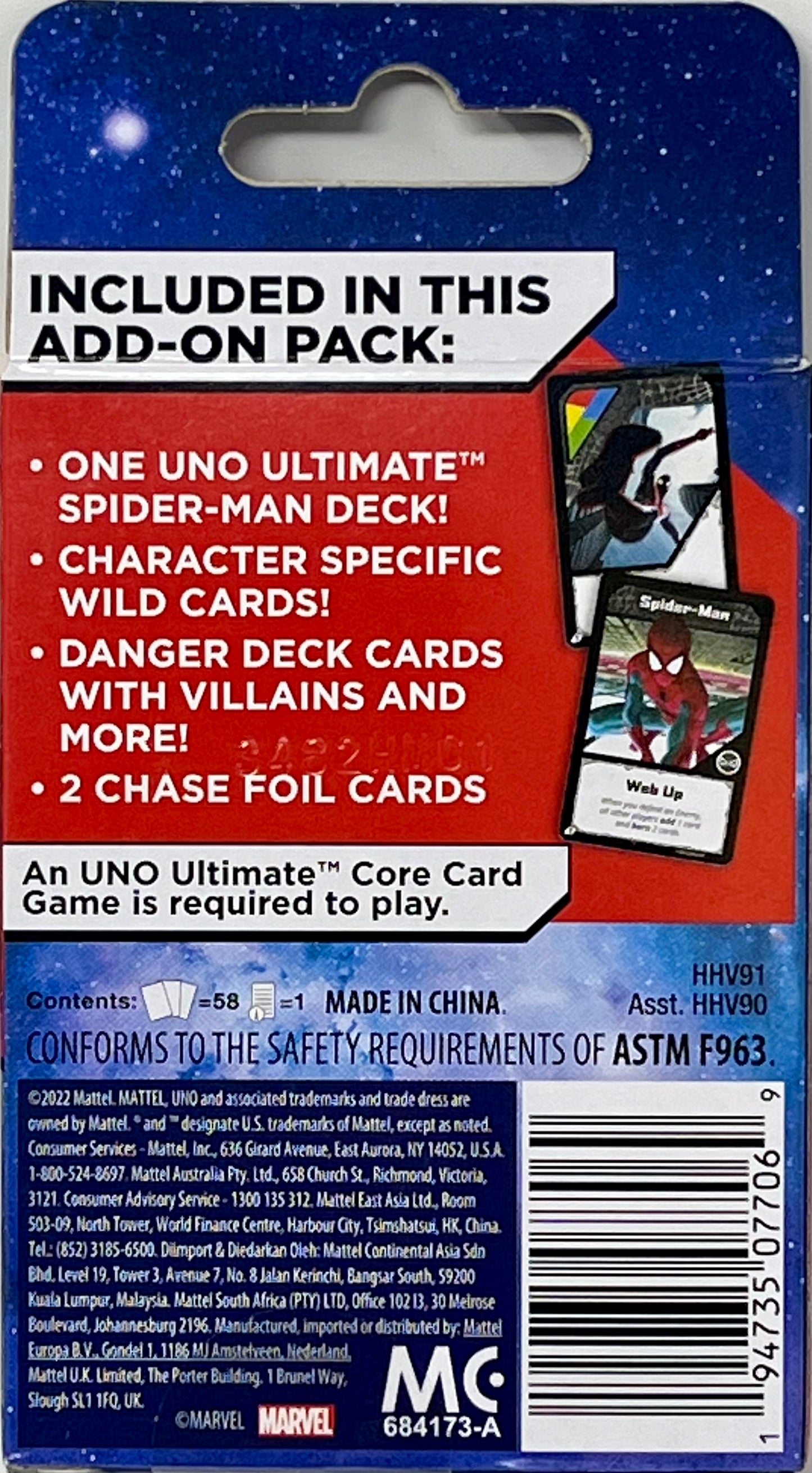 Mattel Games UNO Ultimate Marvel Card Game Add-On Pack with Spider-Man Character Deck & 2 Collectible Foil Cards, Gift for Collectors & Kids Ages 7 Years & Older