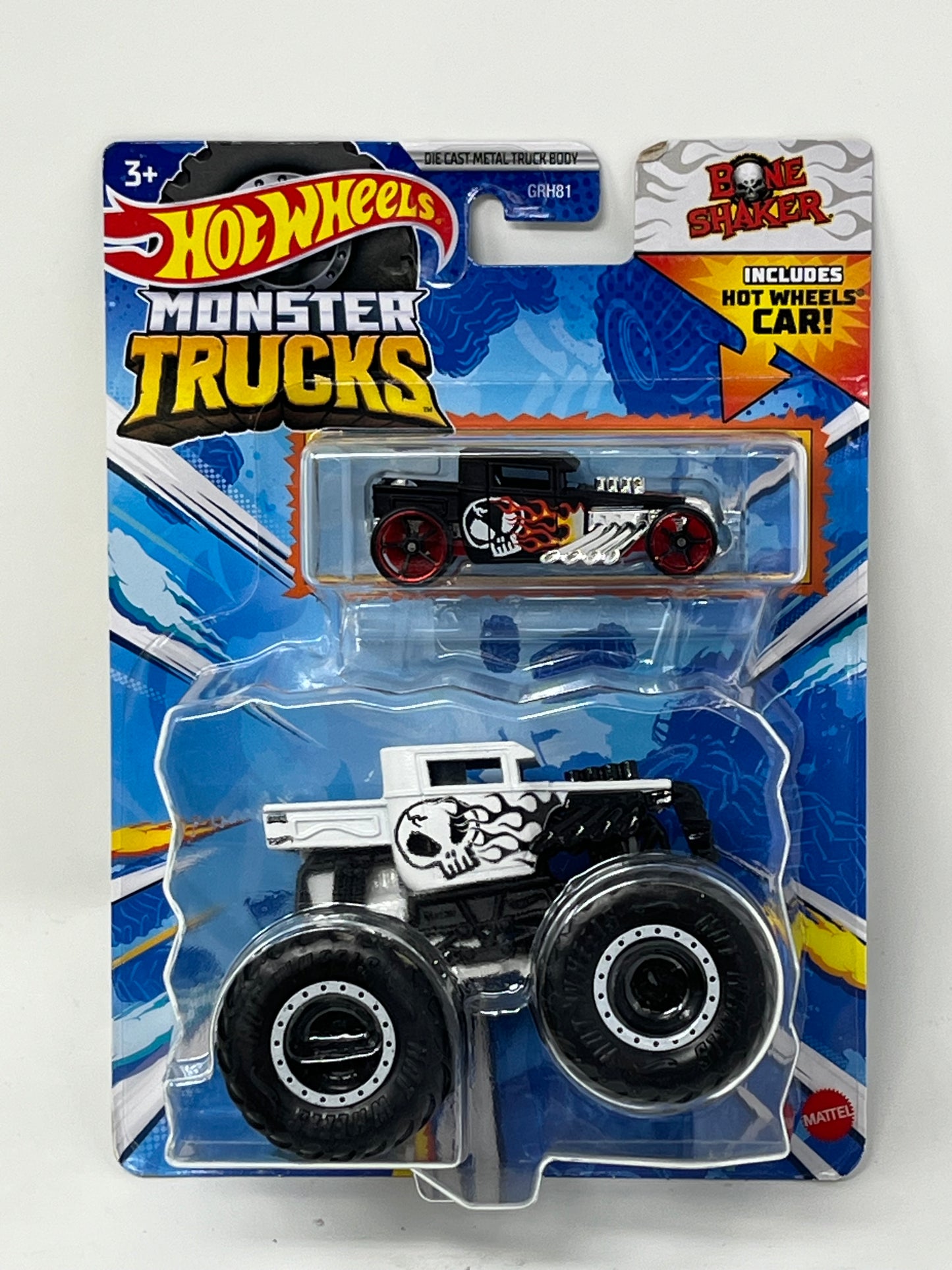 Hot Wheels Monster Trucks Bone Shaker w Car 1:64 Race Smash Crash and Go Big