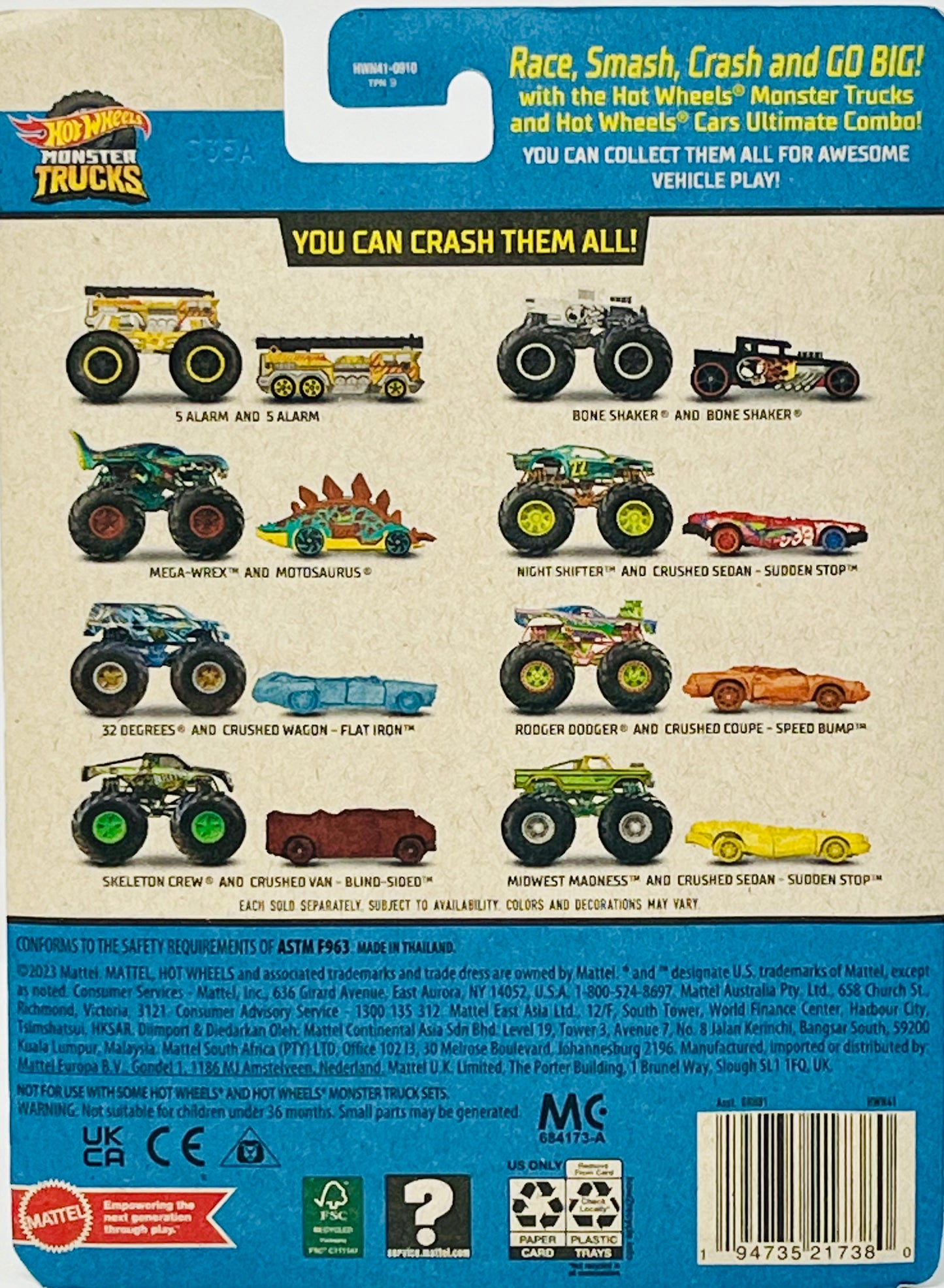 Hot Wheels Monster Trucks Bone Shaker w Car 1:64 Race Smash Crash and Go Big