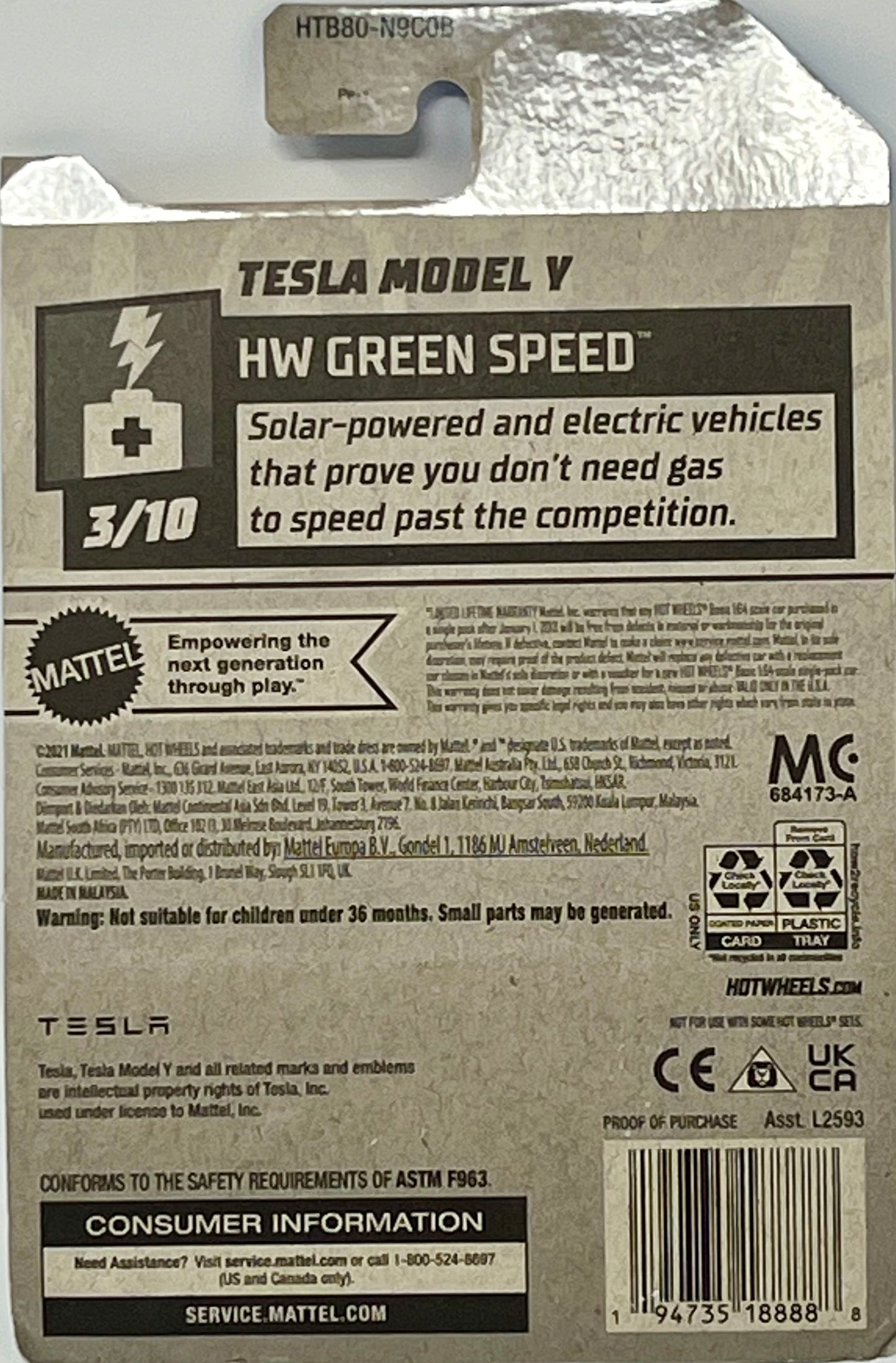 Hot Wheels Tesla Model Y Blue 15/250 HW Green Speed 3/10
