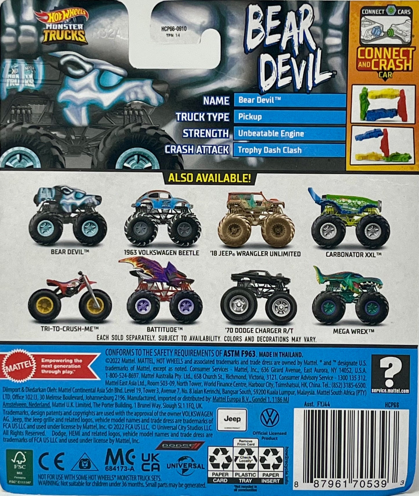 Hot Wheels Monster Trucks X-Wreckers Bear Devil, Connect and Crash 74/75, Black