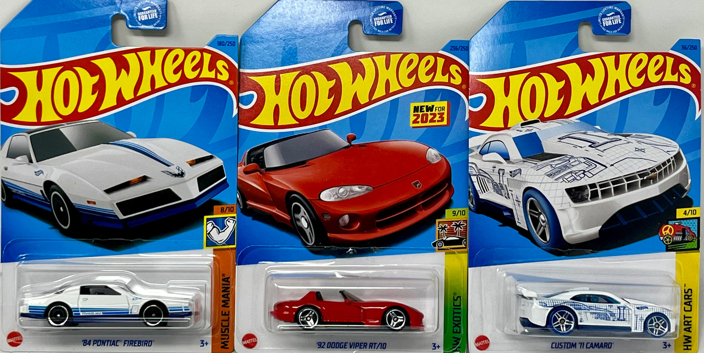 Hot Wheels Muscle Car Madness 5 Pack Random Diecast Bundle Set with Various Corvettes, Mustangs, Camaros, Chargers, GTO"s, Firebirds, Shelby, and More