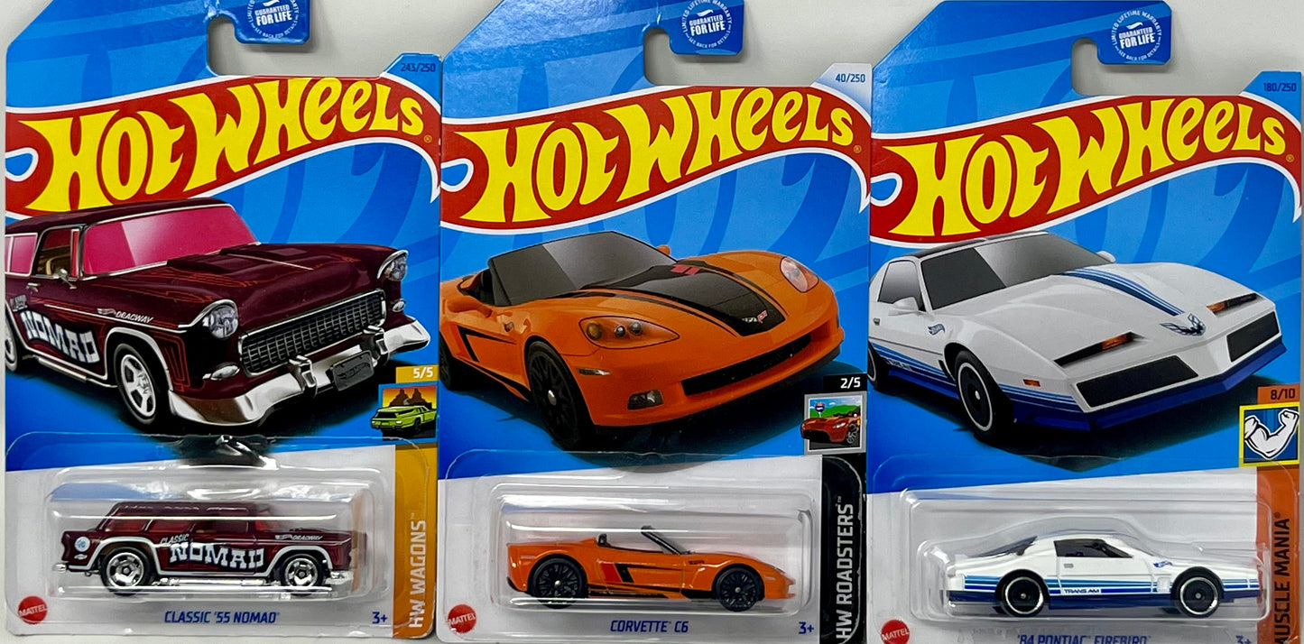 Hot Wheels Muscle Car Madness 5 Pack Random Diecast Bundle Set with Various Corvettes, Mustangs, Camaros, Chargers, GTO"s, Firebirds, Shelby, and More