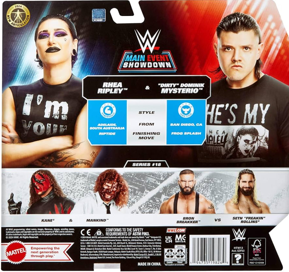 Mattel WWE Main Event Championship Showdown 2-Pack Action Figures & Accessory, Series #20 ‘Dirty’ Dominik Mysterio vs Rhea Ripley Collectible Set