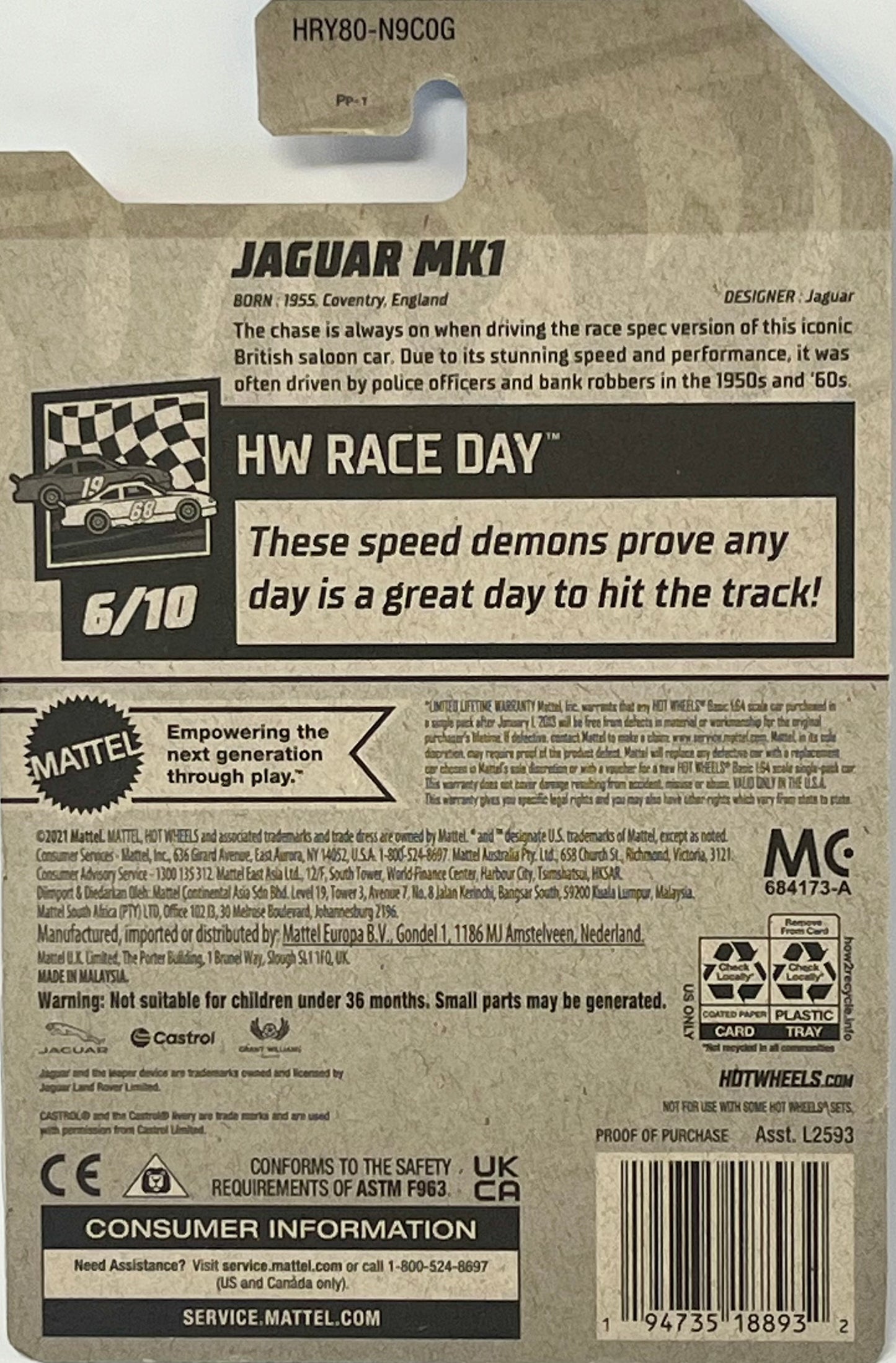 Hot Wheels Jaguar MK1 127/250 HW RACE DAY 6/10  BUY I Front License Plate