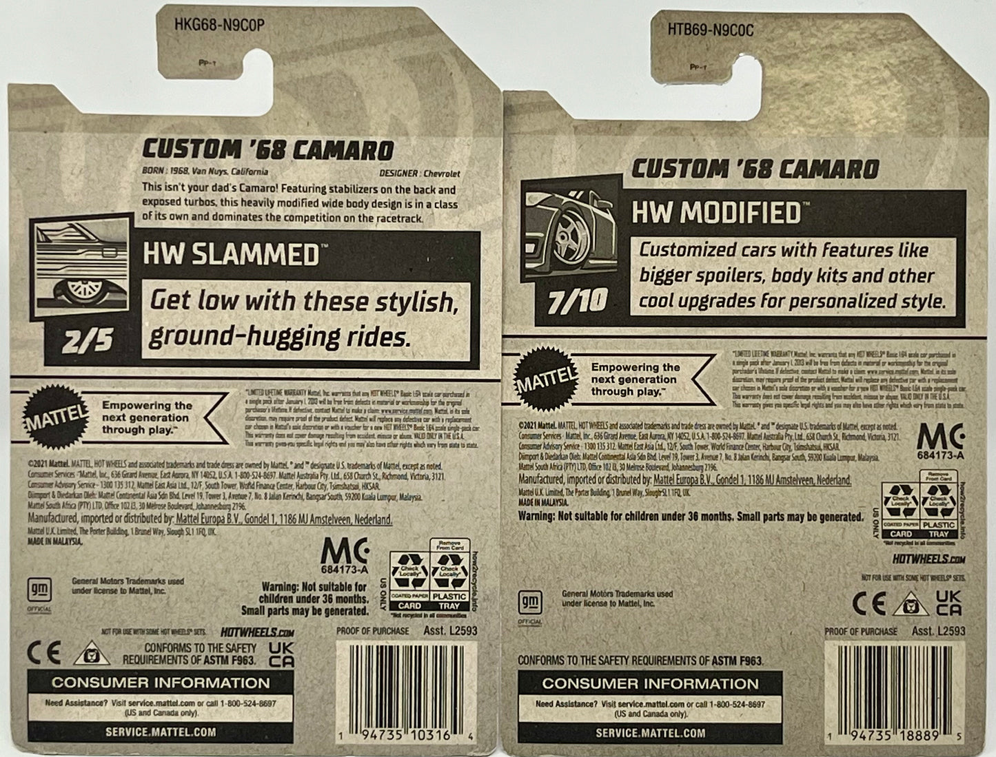 Two Hot Wheels - Custom '68 Camaro 2024 Red 2023 Blue HW Modified Slammed