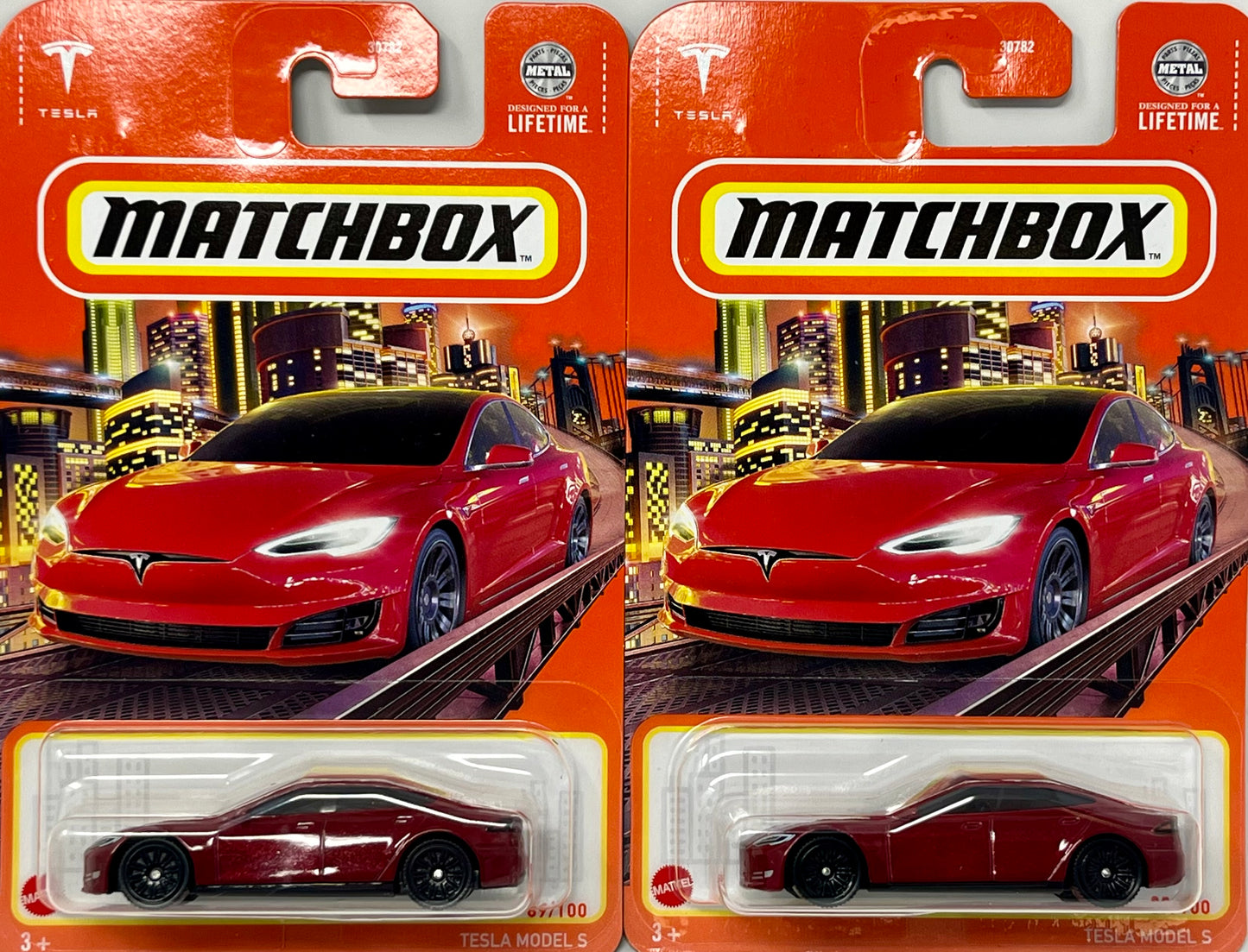 Two Matchbox Tesla Model S Red 89/100