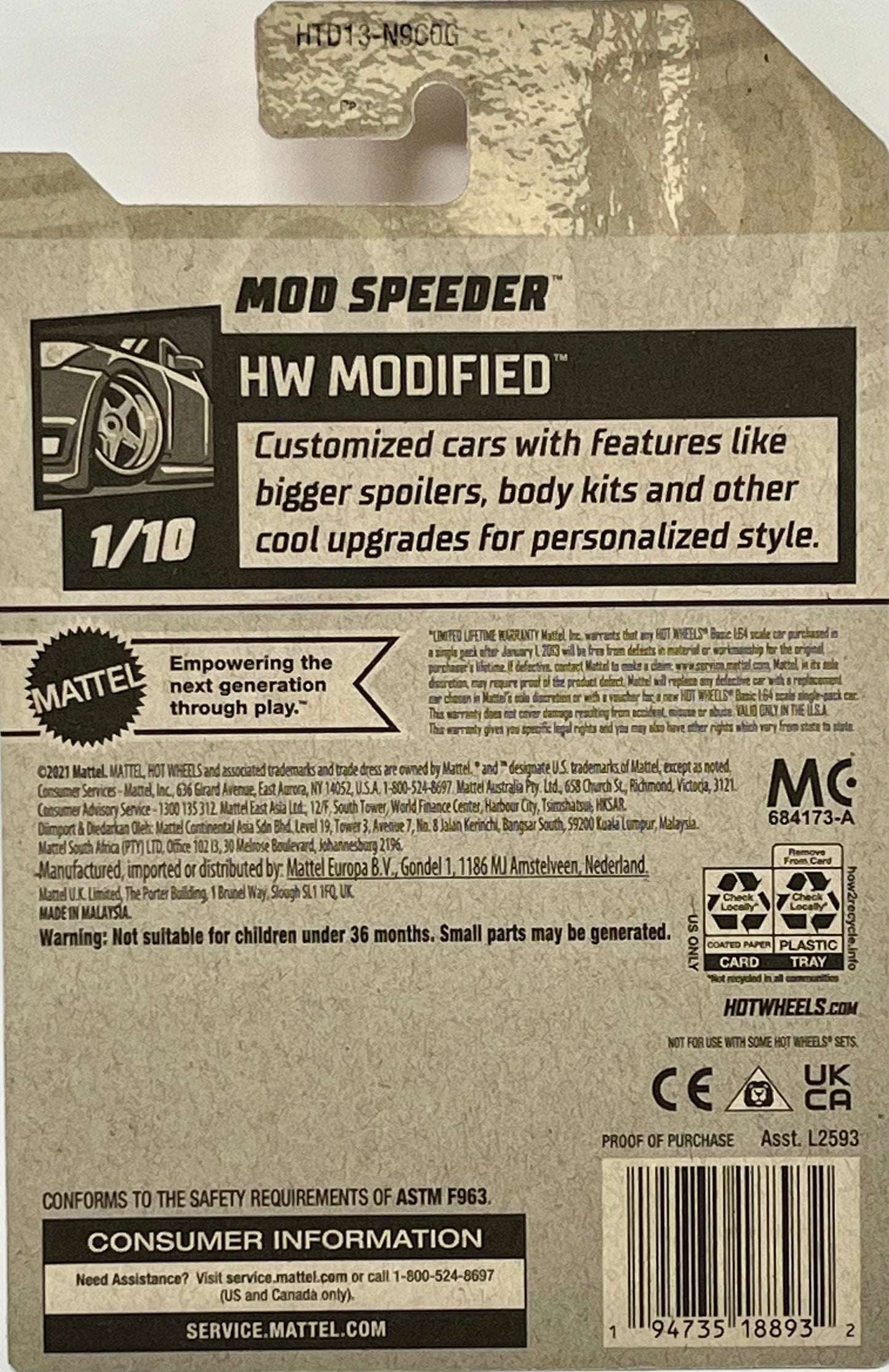 Hot Wheels White Mod Speeder Netflix Lets Race 10/250 HW Modified 1/10