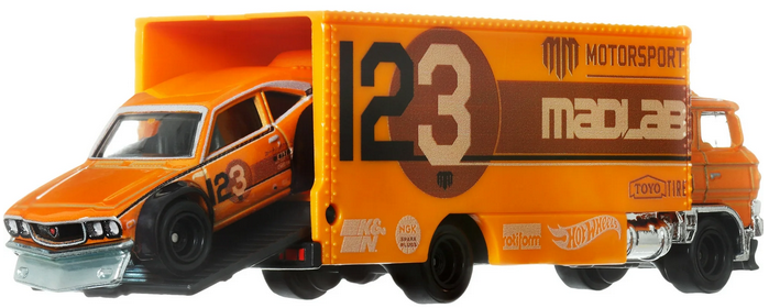 Hot Wheels Team Transport Toy Truck & Race Car, Mazda RX3 & Sakura Sprinter