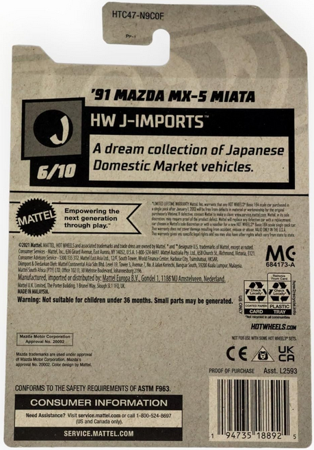 Matchbox Hot Wheels '91 Mazda MX 5 Miata, HW J Imports 6/10 Black 120/250