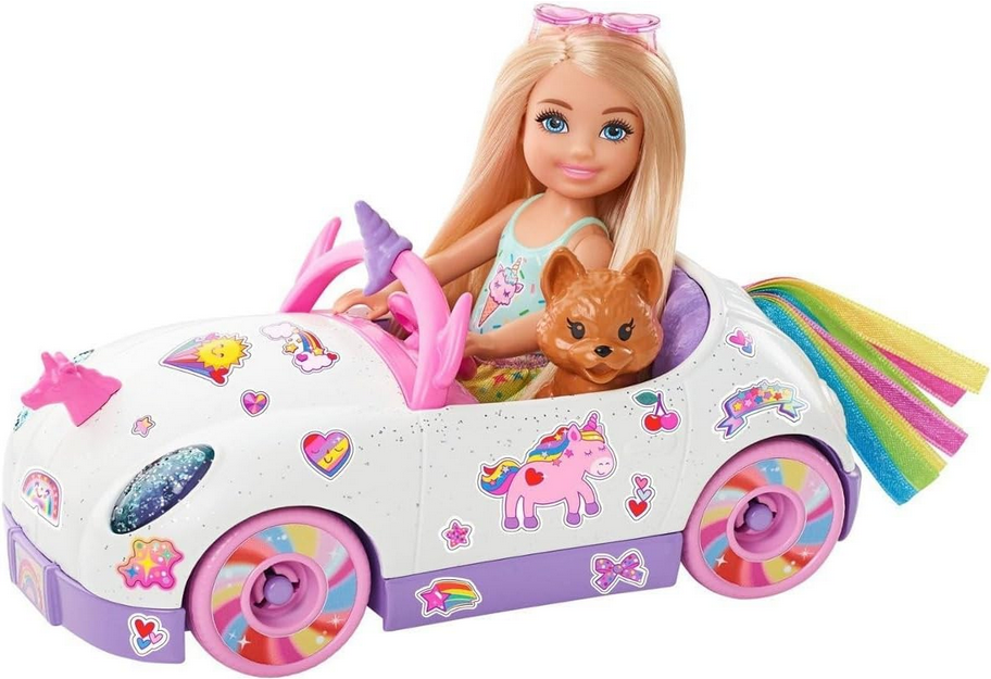 Barbie Chelsea Toy Set with Unicorn Car Theme, Blonde Small Doll in Removable Skirt, Pet Puppy, Sticker Sheet & Accessories