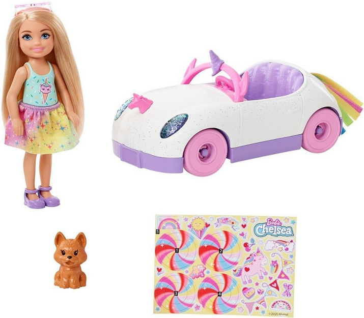 Barbie Chelsea Toy Set with Unicorn Car Theme, Blonde Small Doll in Removable Skirt, Pet Puppy, Sticker Sheet & Accessories