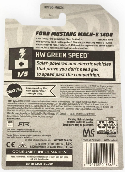 Hot Wheels Zamac Ford Mustang Mach E 1400, HW Green Speed 1/5