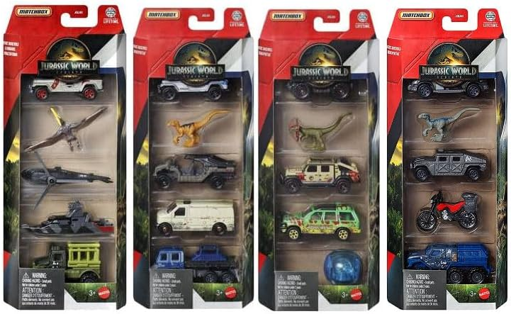 Jurassic World Matchbox Dinosaur Vehicles 5 Packs, Bundle of 4