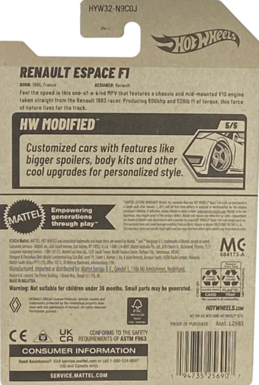 Hot Wheels Renault Espace F1 9Yellow) 172/250 HW Modified Series 5/5