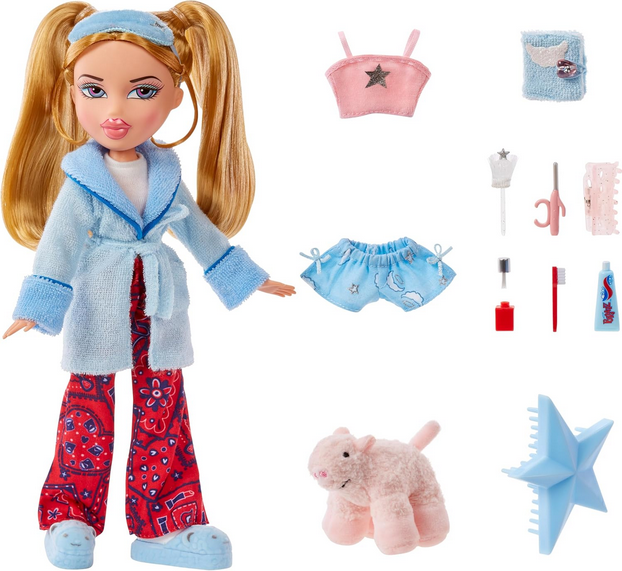 Bratz Slumber Party Cloe Fashion Doll with 2 Sets of Pajamas, Plush, and Accessories