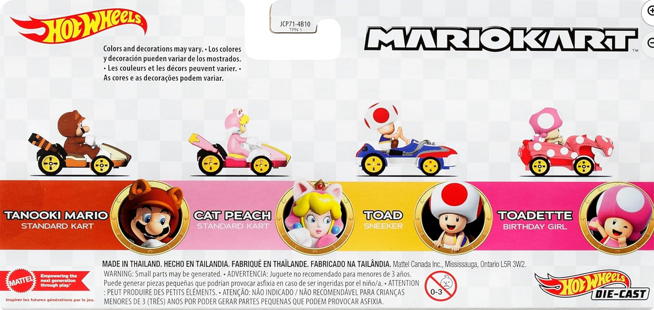 Hot Wheels Mario Kart 4-Pack, Collectible Set of 4 Toy Vehicles with Tanooki Mario, Cat Peach, Toad Sneeker & Toadette Birthday Girl