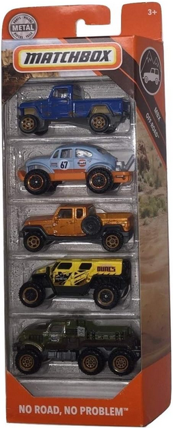Matchbox 2019 MBX No Road, No Problem 5-Pack (Jeep Willys 4x4, Volkswagen Beetle 4x4, Jeep Gladiator, GHE-O Rescue, Road Mauler)