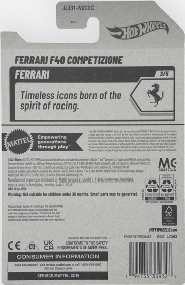Hot Wheels Ferrari F40 Competizione Black 63/250 Ferrari 3/5
