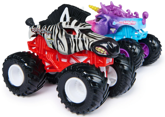 Monster Jam, Sparkle Smash Vs. Racing Stripes Die-Cast Monster Trucks, 1:64 Scale, Kids Toys for Boys Ages 3 and up