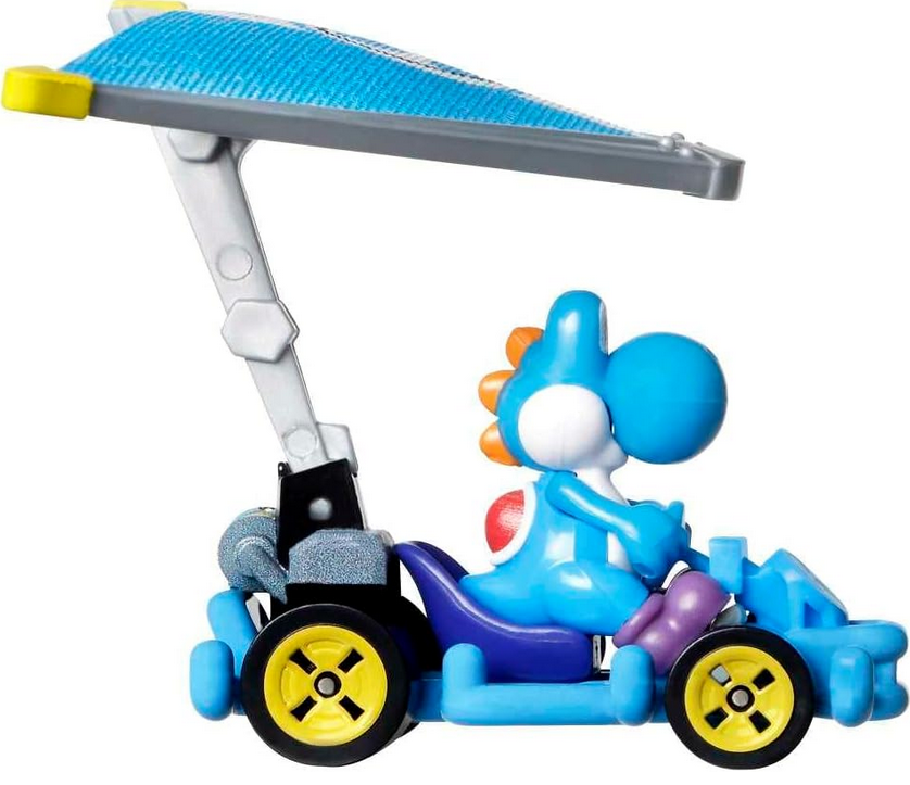 Hot Wheels Mario Kart 1:64 Scale Die-cast Light-Blue Yoshi in Pipe Frame Kart with Super Glider