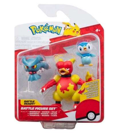 JAZWARES Pokémon Pack of 3 Battle Figures Set Tiplouf, Feuforêve, Magma