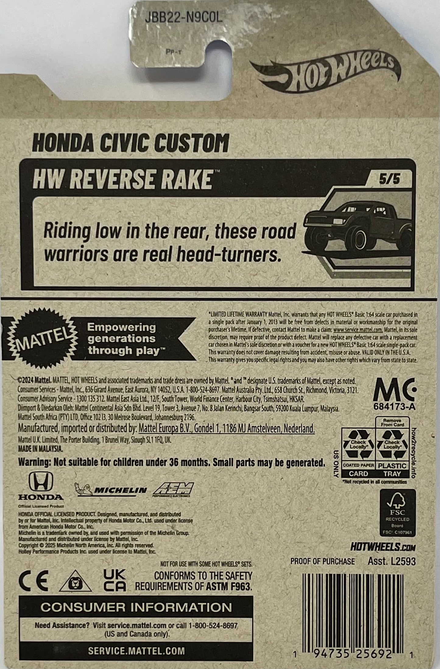 Hot Wheels Honda Civic Custom 201/250 HW Reverse Rake 5/5 Red White & Blue