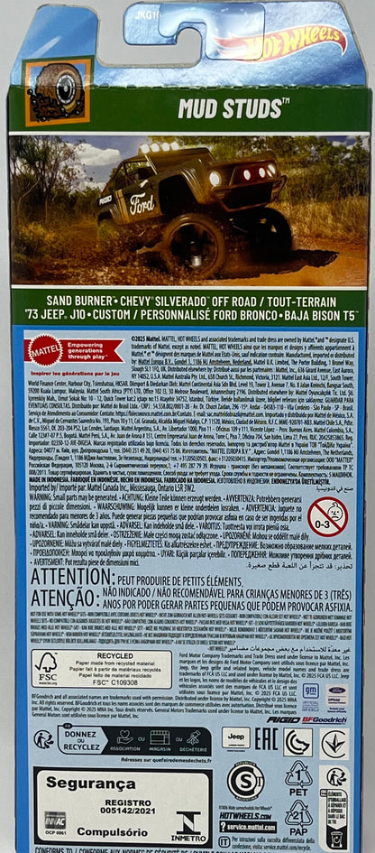 Hot Wheels Mud Studs 5 Pack Sand Burner - Chevy Silverado Off Road / Tout-Terrain - '73 Jeep J10 Custom - Ford Bronco - Baja Bison T5