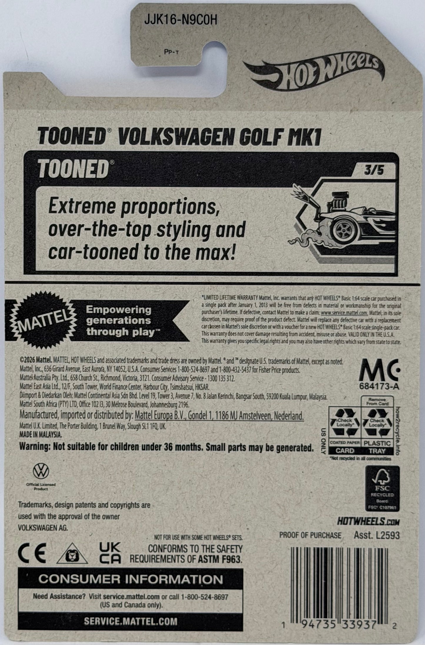 Hot Wheels Tooned Volkswagen Golf MK1 Black & White 172/250 Tooned 3/5