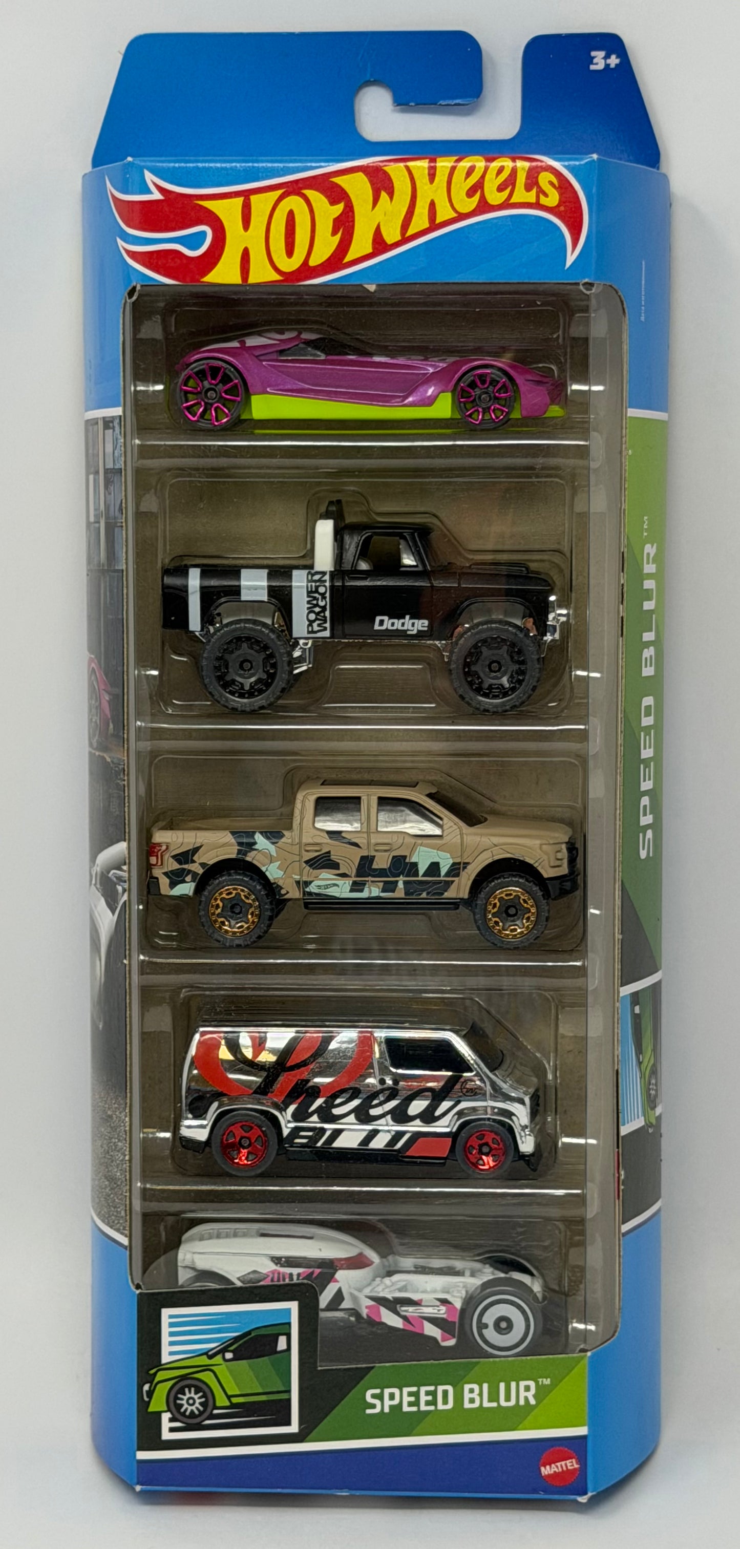 Hot Wheels Speed Blur 5-Pack TWIN MILL GEN-E™• 70 DODGE POWER WAGON 15 FORD F-150 • CUSTOM '77 DODGE VAN • HW50 CONCEPT"
