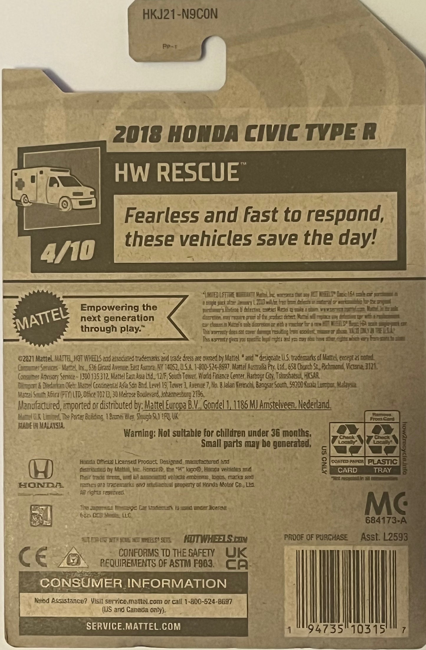 Hot Wheels 2018 Honda Civic Type R 215/250 HW Rescue 4/10