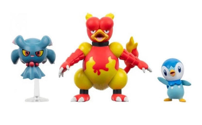 JAZWARES Pokémon Pack of 3 Battle Figures Set Tiplouf, Feuforêve, Magma