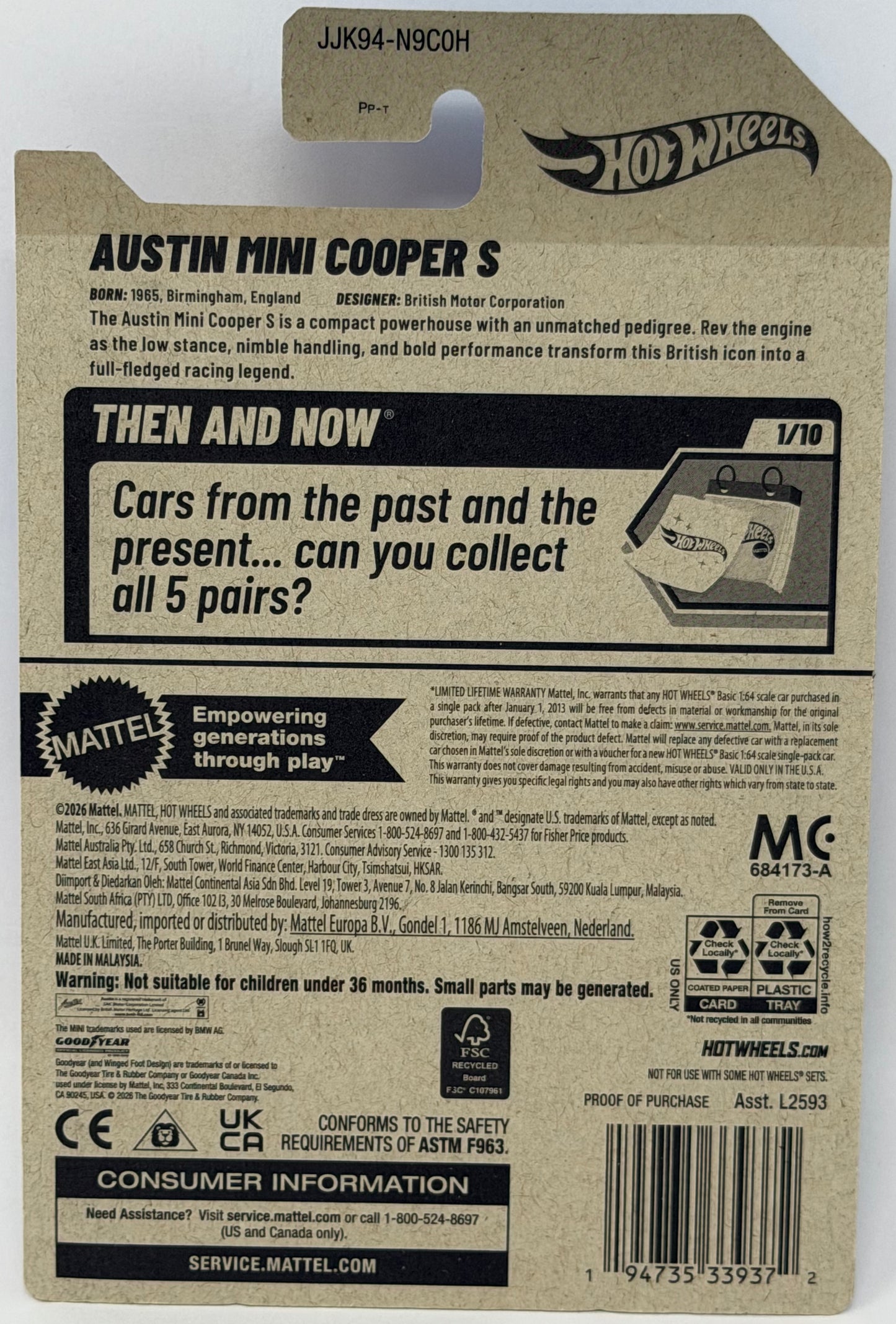 Hot Wheels Austin Mini Cooper S Red 71/250 Then and Now 1/10 Die-Cast Car 1:64 Scale