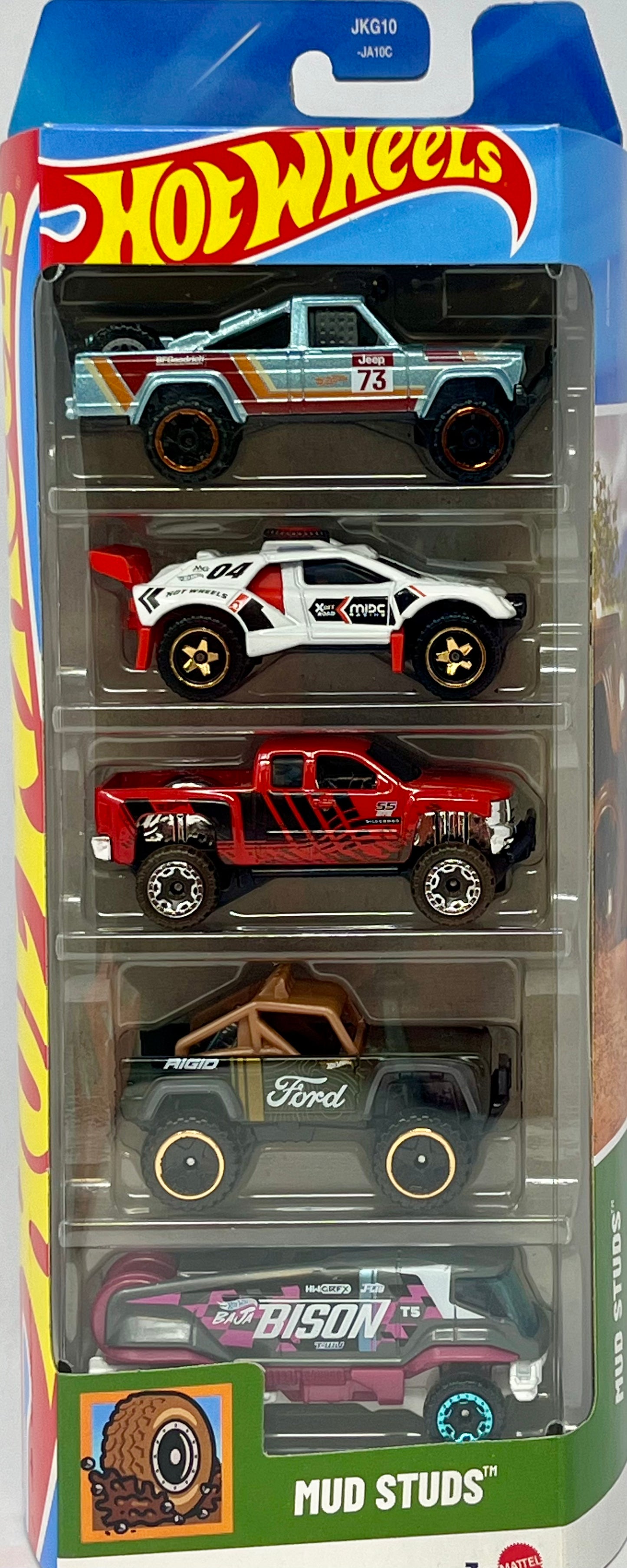 Hot Wheels Mud Studs 5 Pack Sand Burner - Chevy Silverado Off Road / Tout-Terrain - '73 Jeep J10 Custom - Ford Bronco - Baja Bison T5