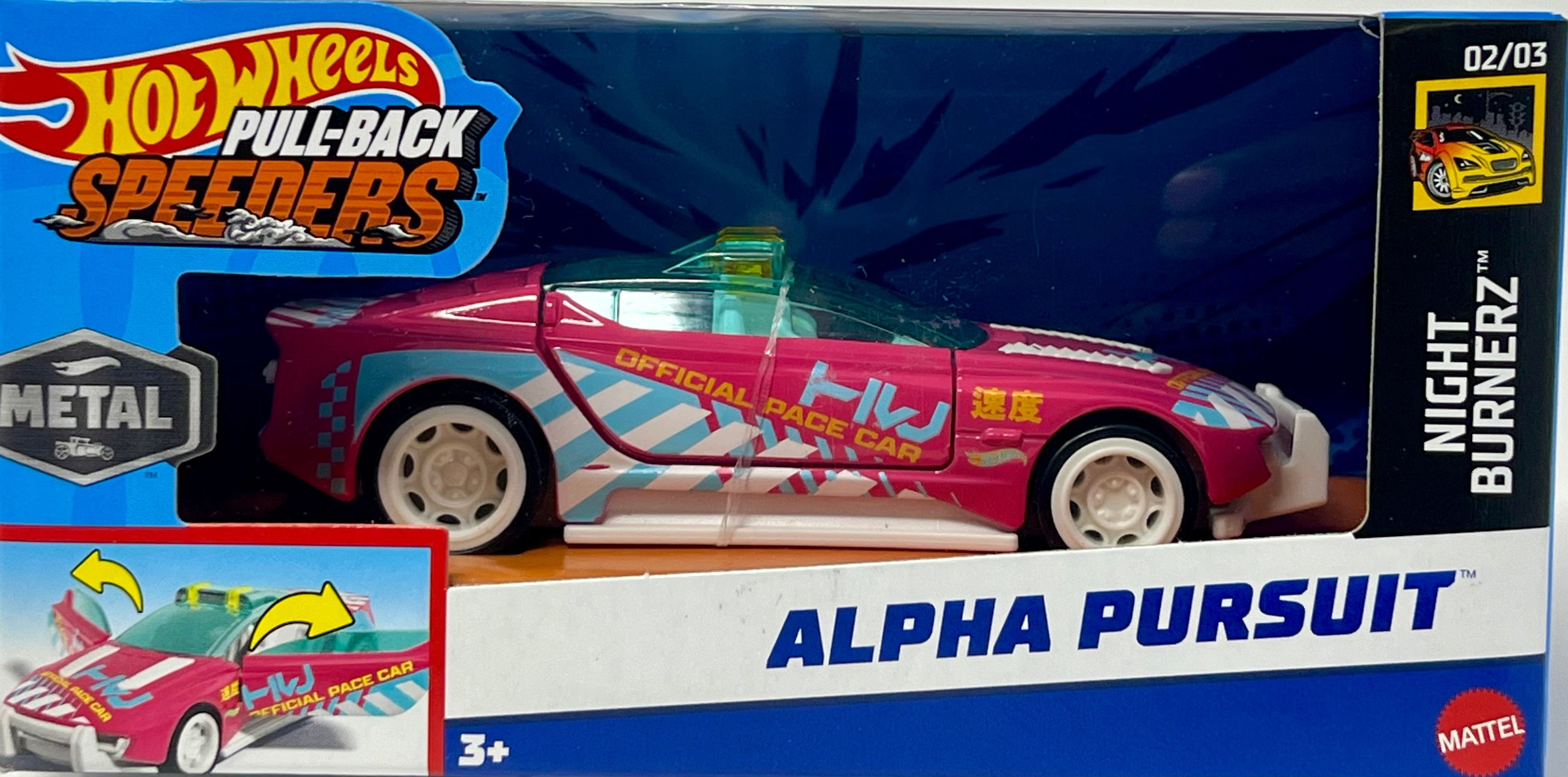 New Hot Wheels Pull-Back Speeders Pink Alpha Pursuit 1/43 w/Opening Do ...