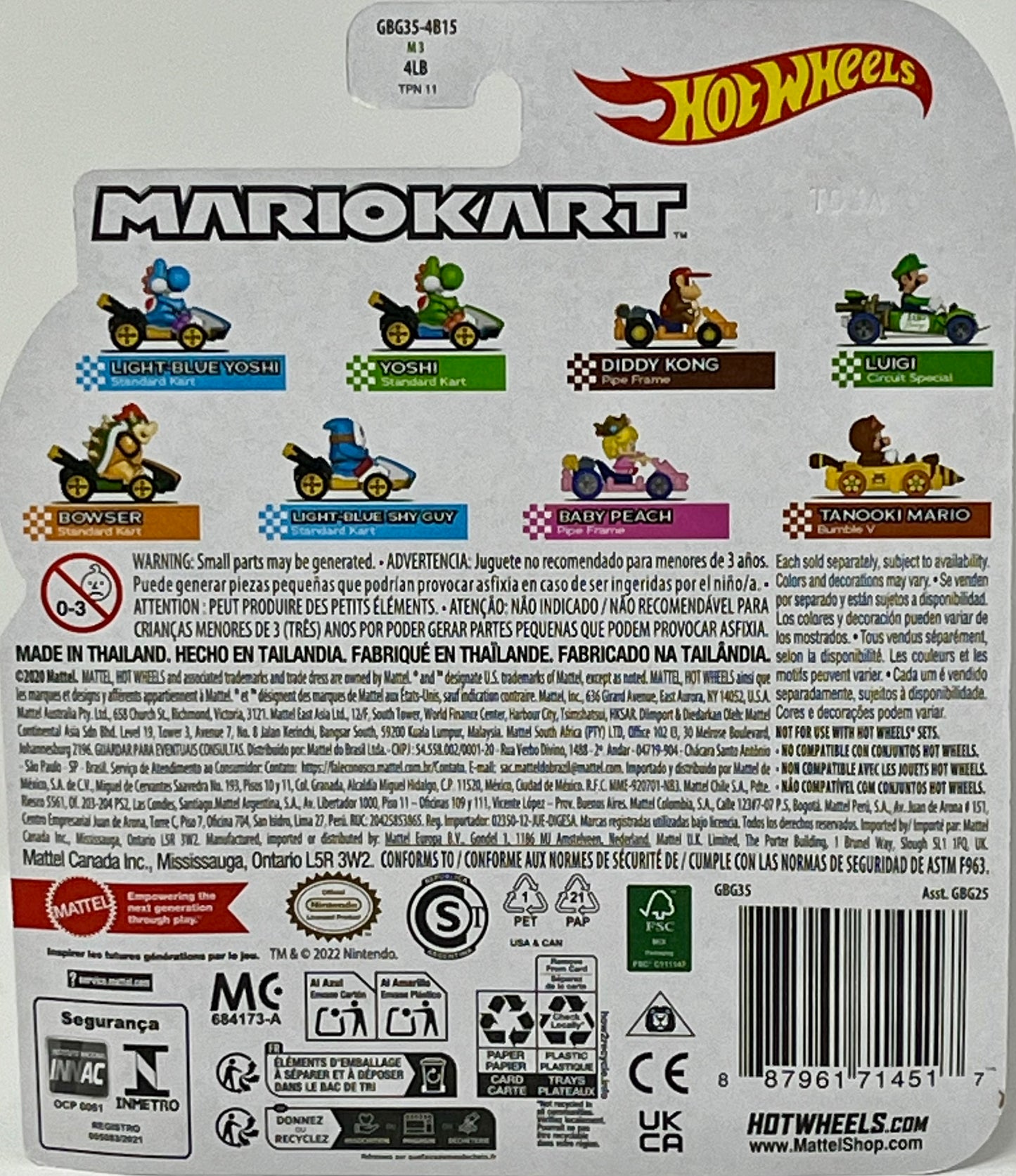Hot Wheels Mario Kart Light Blue Yoshi Standard Kart 1:64 DieCast Character Car