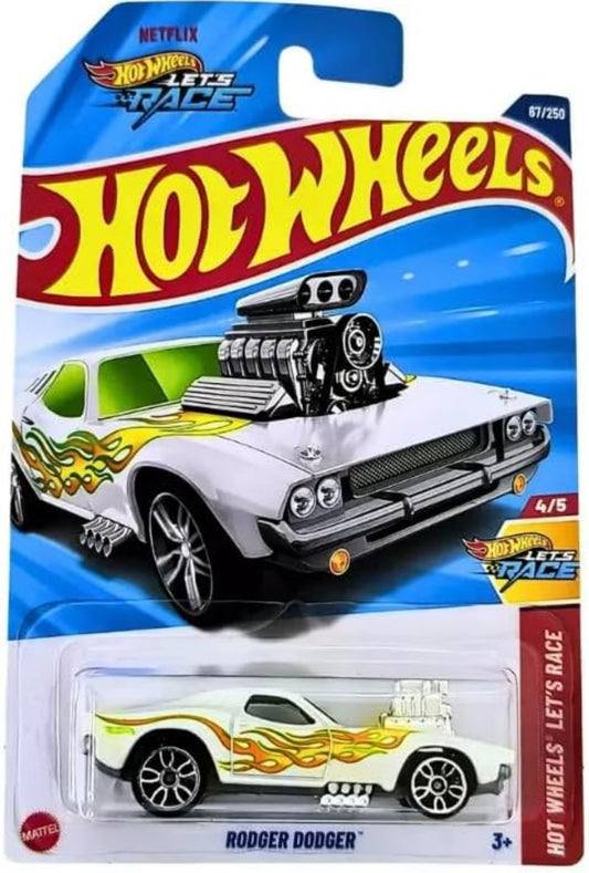 Hot Wheels Rodger Dodger White w/ Flames, Let's Race Series 4/5, 1:64 Scale Diecast