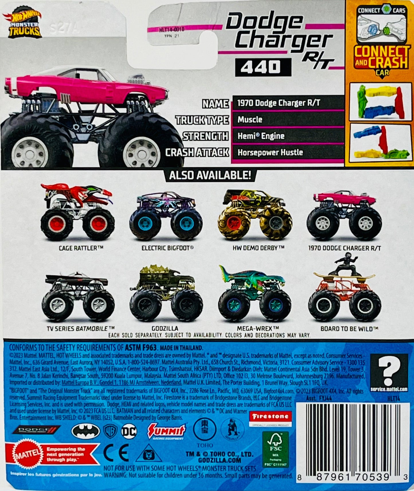 Hot Wheels Monster Trucks 1970 Dodge Charger R/T Pink 1:64 Scale