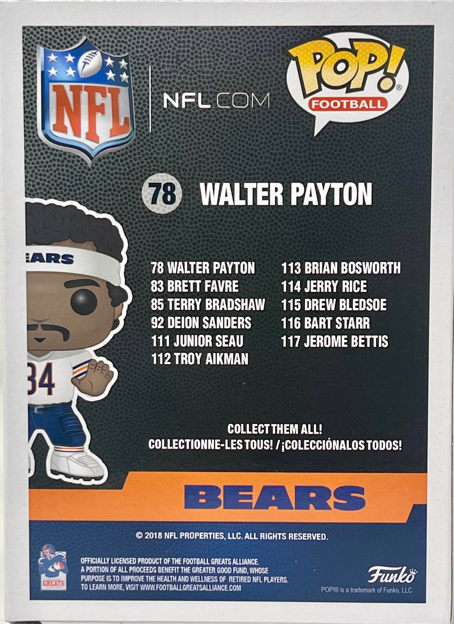 Funko POP! NFL Legends WALTER PAYTON Chicago Bears Figure #78 w/ Protector