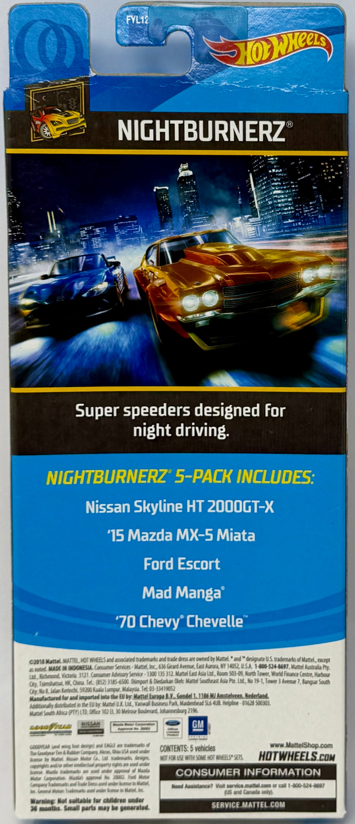 Hot Wheels 2018 Nightburnerz Nissan Skyline HT 2000GT-X, ‘15 Mazda MX-Miata, Ford Escort, Mad Manga & ‘70 Chevy Chevelle