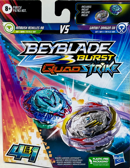 BEYBLADE Burst QuadStrike Gambit Dragon D8 and Ambush Achilles A8 Spinning Top Dual Pack, 2 Battling Game Top Toy for Kids Ages 8 and Up