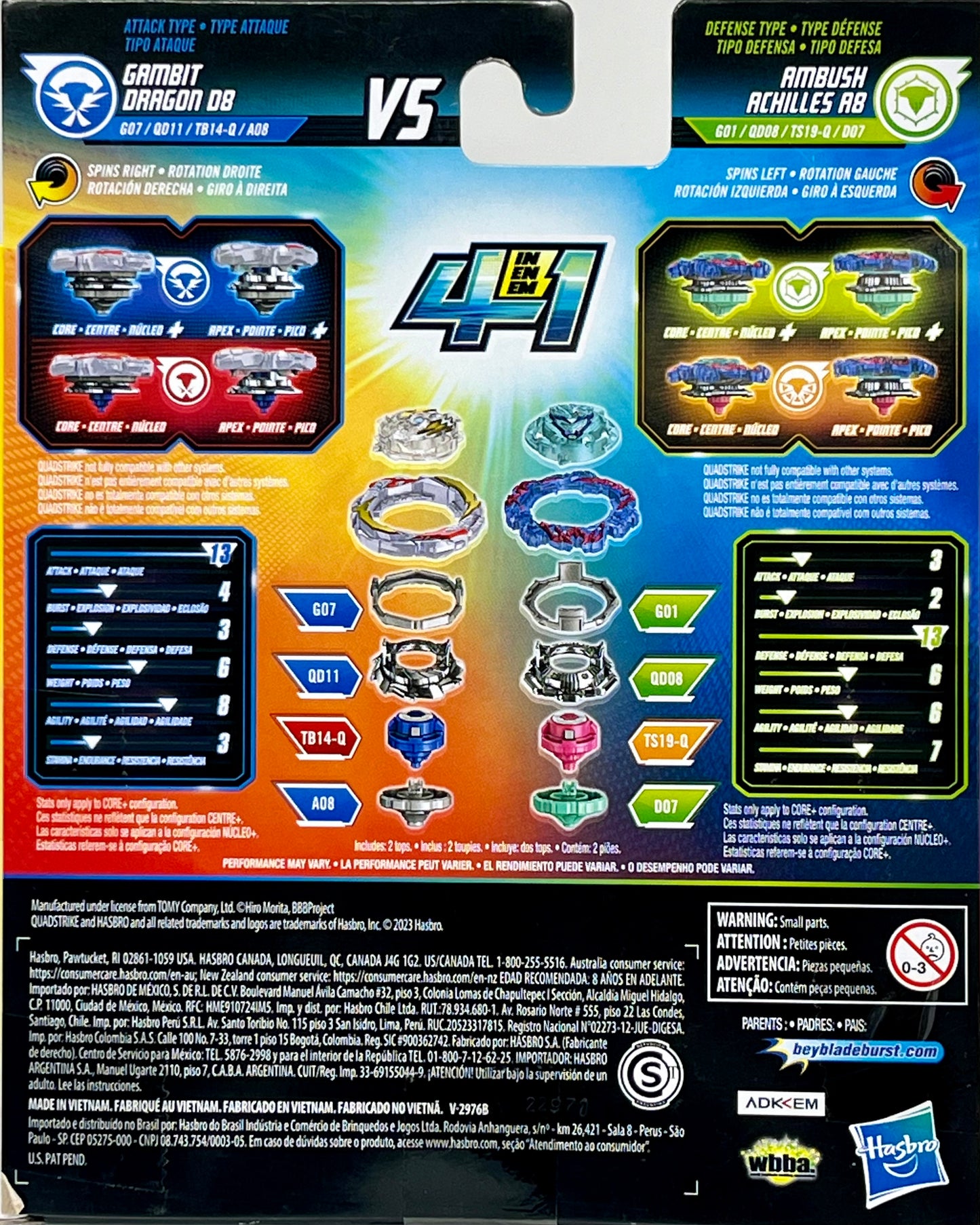 BEYBLADE Burst QuadStrike Gambit Dragon D8 and Ambush Achilles A8 Spinning Top Dual Pack, 2 Battling Game Top Toy for Kids Ages 8 and Up