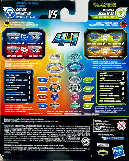 BEYBLADE Burst QuadStrike Gambit Dragon D8 and Ambush Achilles A8 Spinning Top Dual Pack, 2 Battling Game Top Toy for Kids Ages 8 and Up