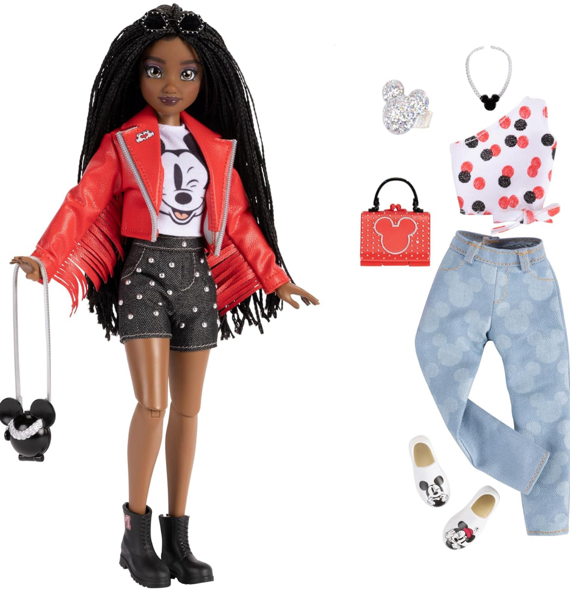 Fashion Dolls Disney 100 - Mickey Mouse 11.5" Tall with 13 Points of Articulation, Two Complete Mix-and-Match Outfits and Glittery Mickey Ring for You!