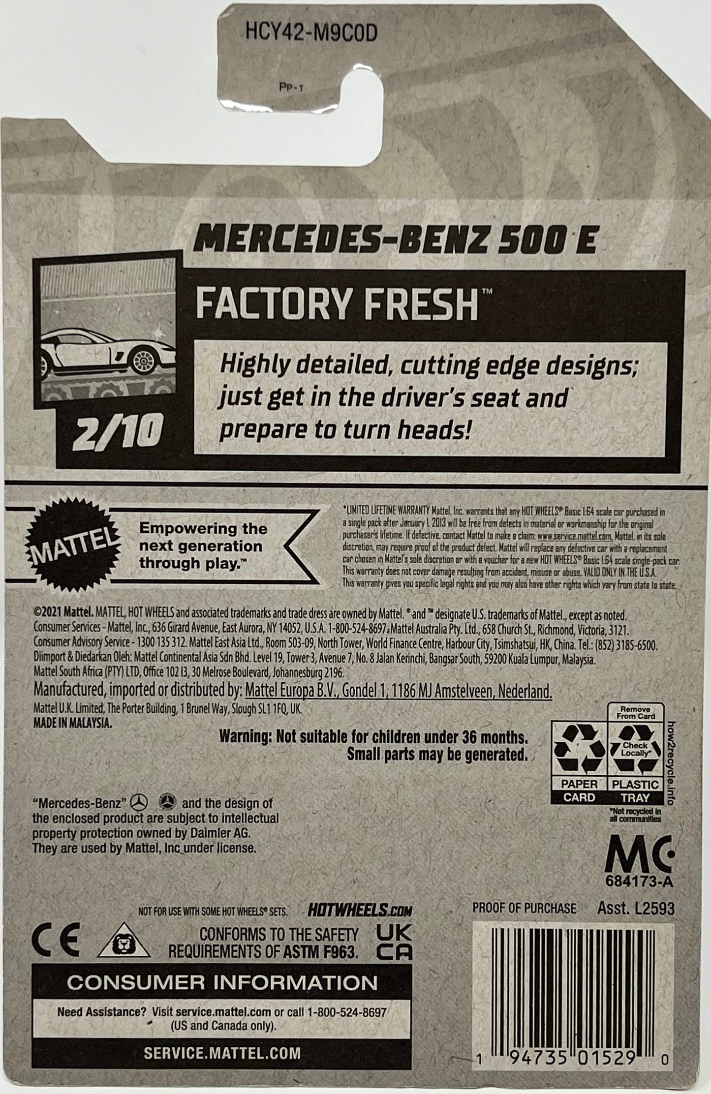 Hot Wheels Mercedes Benz 500 E (White) Factory Fresh 2/10 with Protector