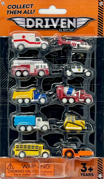 Driven by Battat – Pocket Fleet 1 (10 Pack) – Mini Cars Toys – Police Car, Helicopter, Fire Truck, Ambulance, School Bus, Dump Truck, Bulldozer & More Small Construction Vehicles – Gift for Age 3+