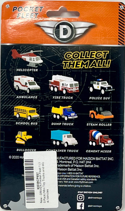 Driven by Battat – Pocket Fleet 1 (10 Pack) – Mini Cars Toys – Police Car, Helicopter, Fire Truck, Ambulance, School Bus, Dump Truck, Bulldozer & More Small Construction Vehicles – Gift for Age 3+